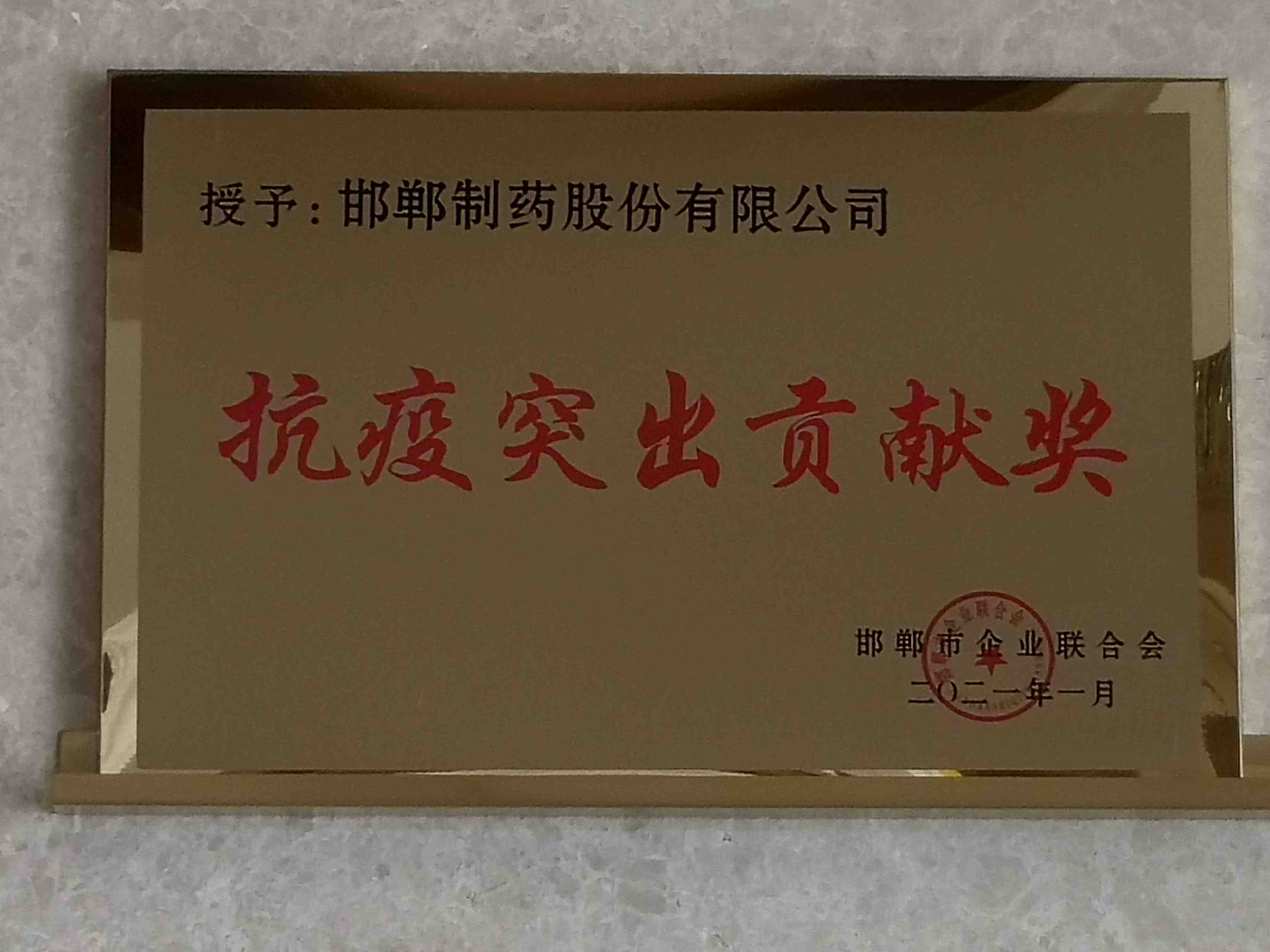 2021年 邯鄲市企業(yè)聯(lián)合會授予【抗疫突出貢獻獎】